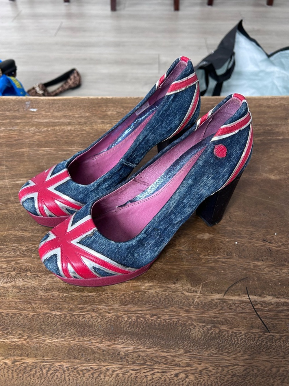 Atrai Blue Denim Heels Red White Union Jack Y2K British Flag Pumps Retro Shoes - Picture 3 of 9